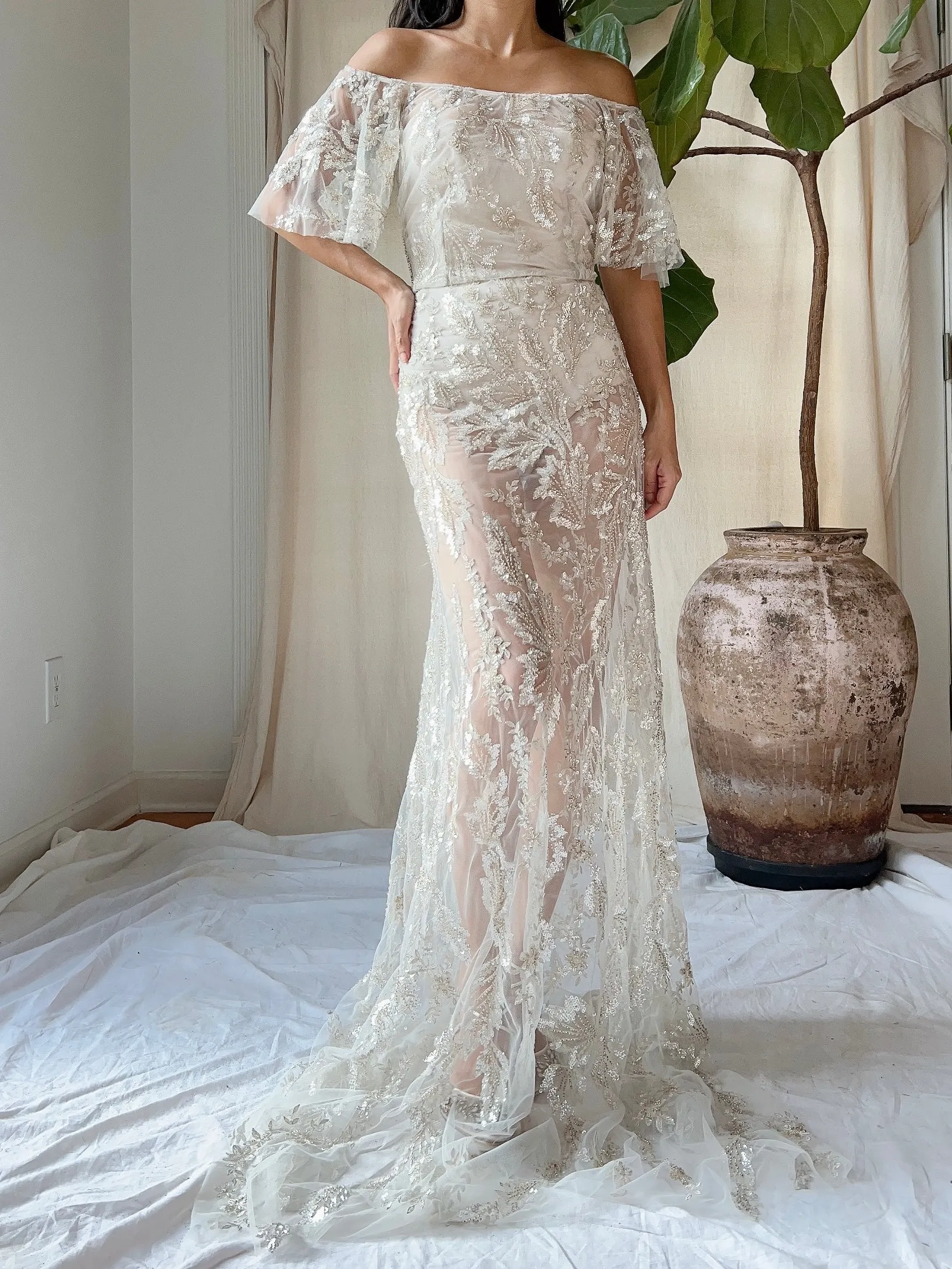 Sheer Off-the-Shoulder Beaded Gown - S