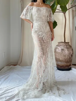 Sheer Off-the-Shoulder Beaded Gown - S