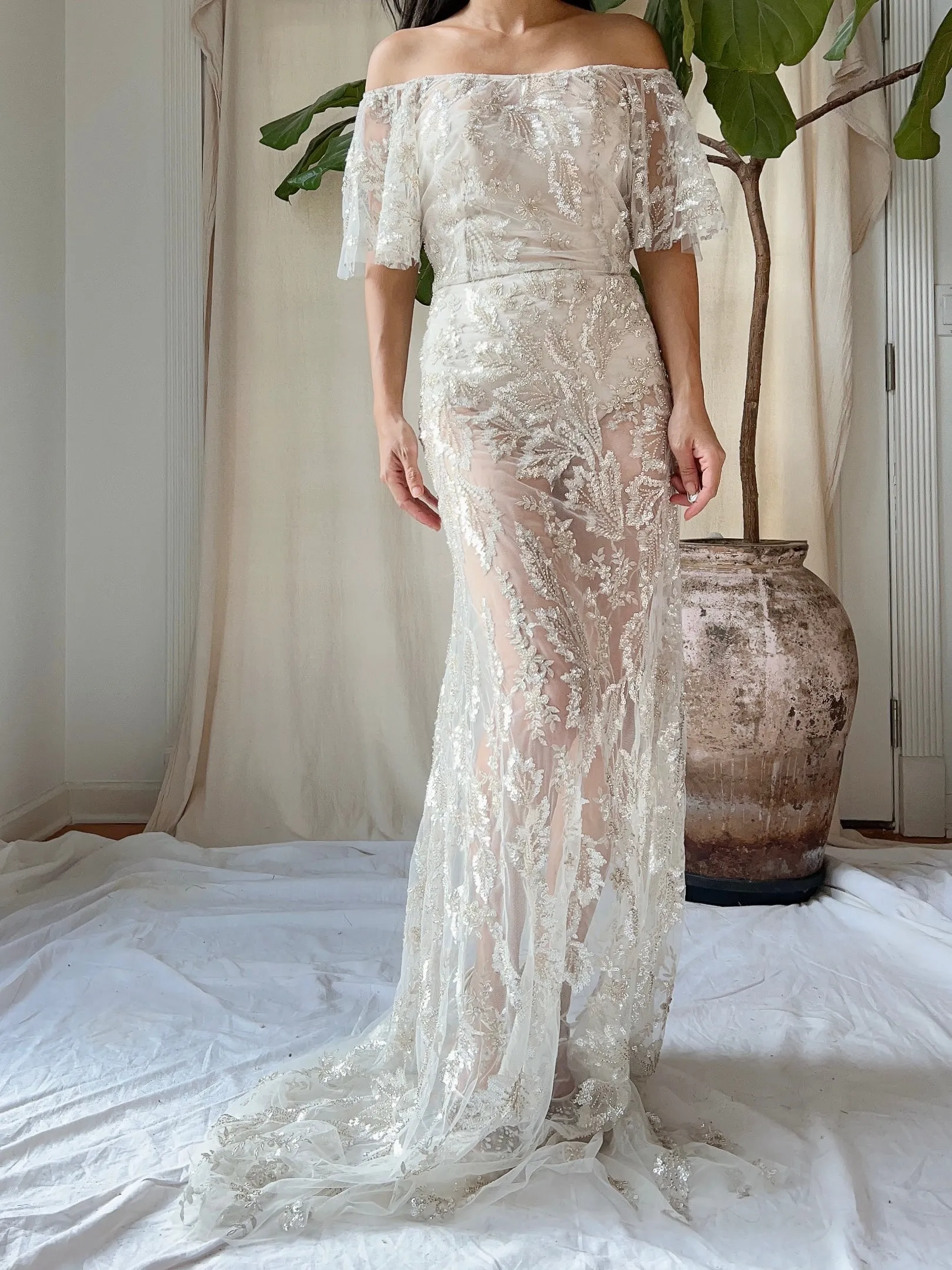 Sheer Off-the-Shoulder Beaded Gown - S
