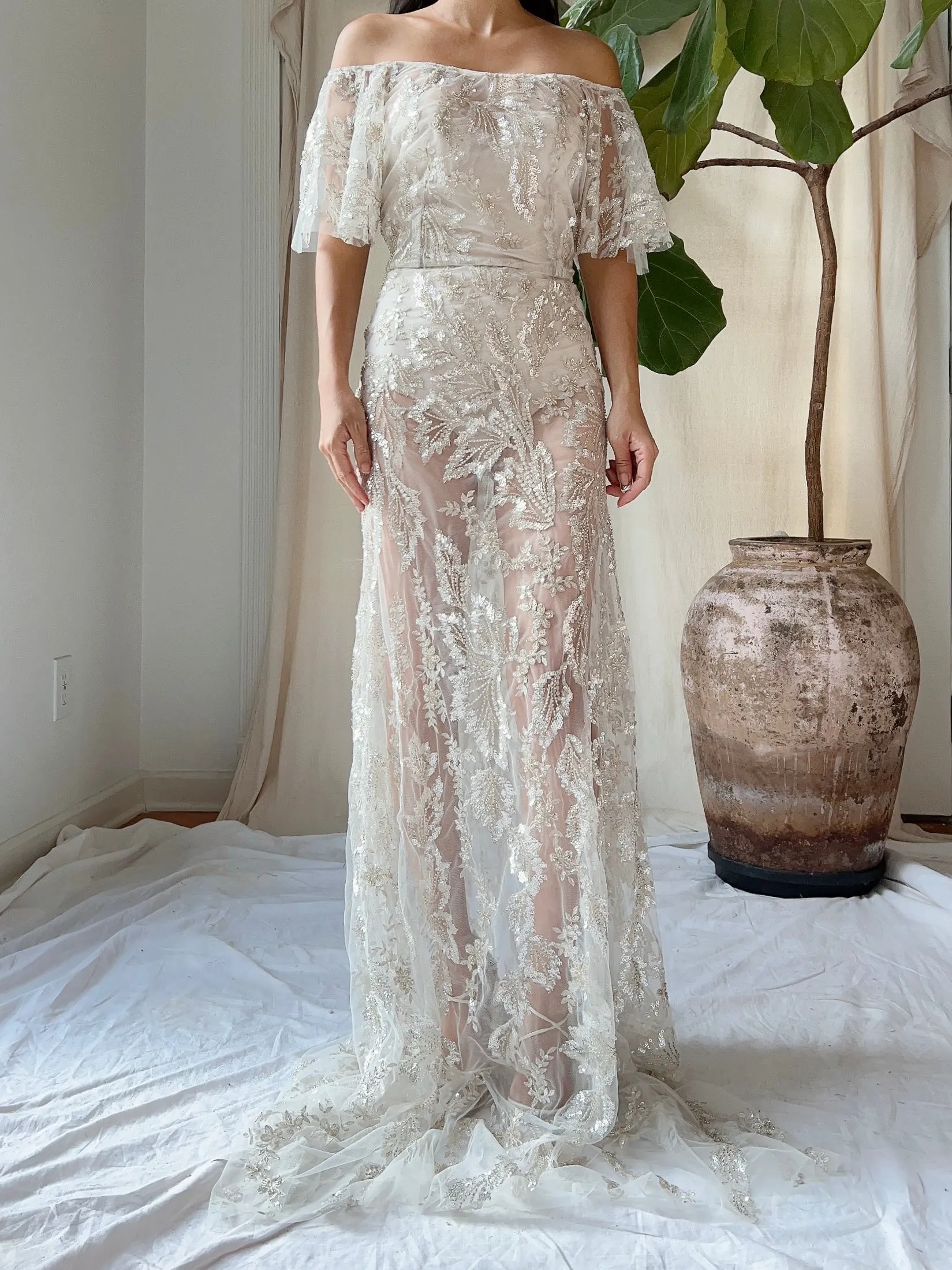 Sheer Off-the-Shoulder Beaded Gown - S