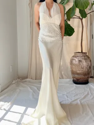 Vintage Pearl Beaded Satin Dress - M/8