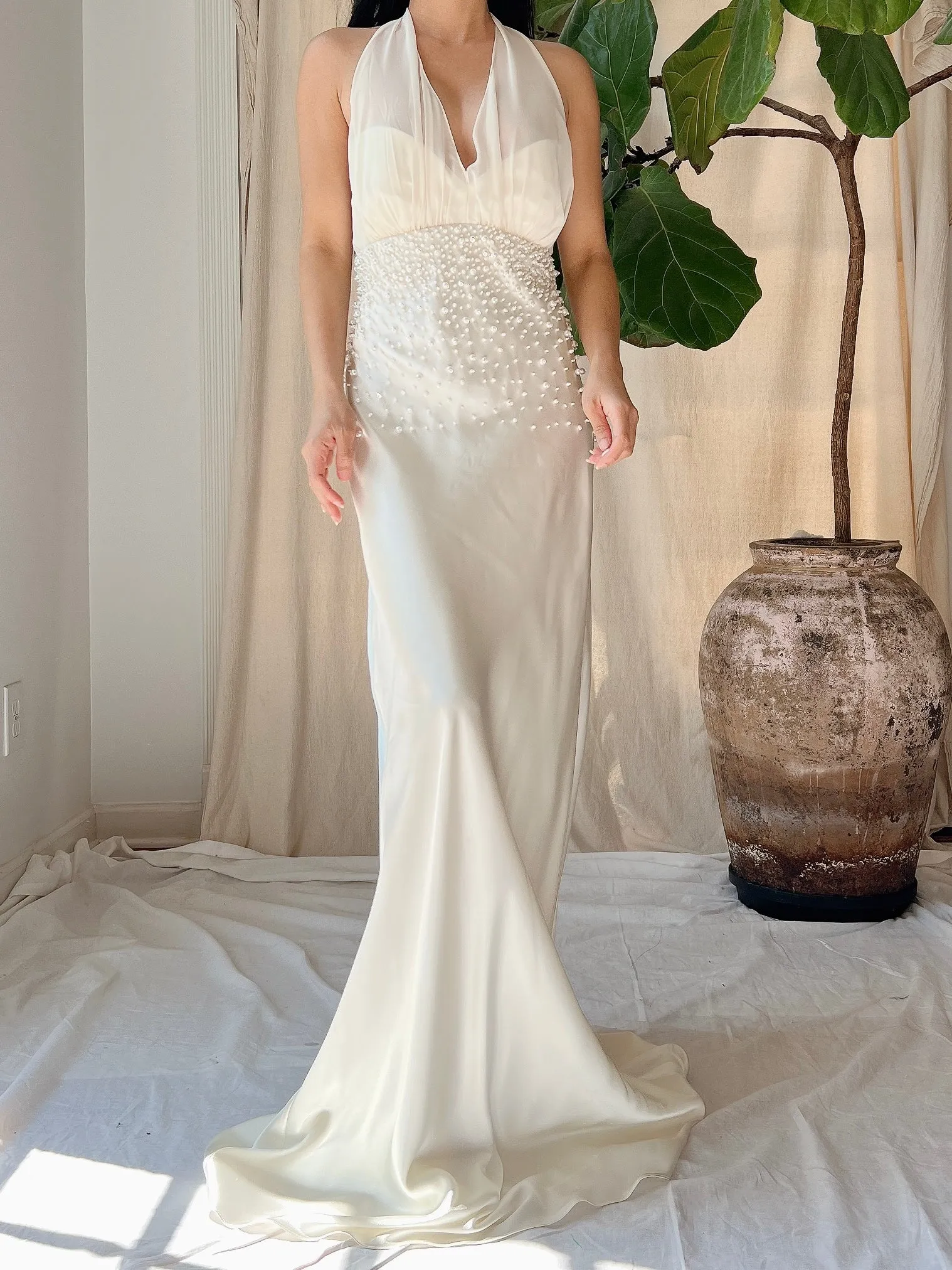 Vintage Pearl Beaded Satin Dress - M/8