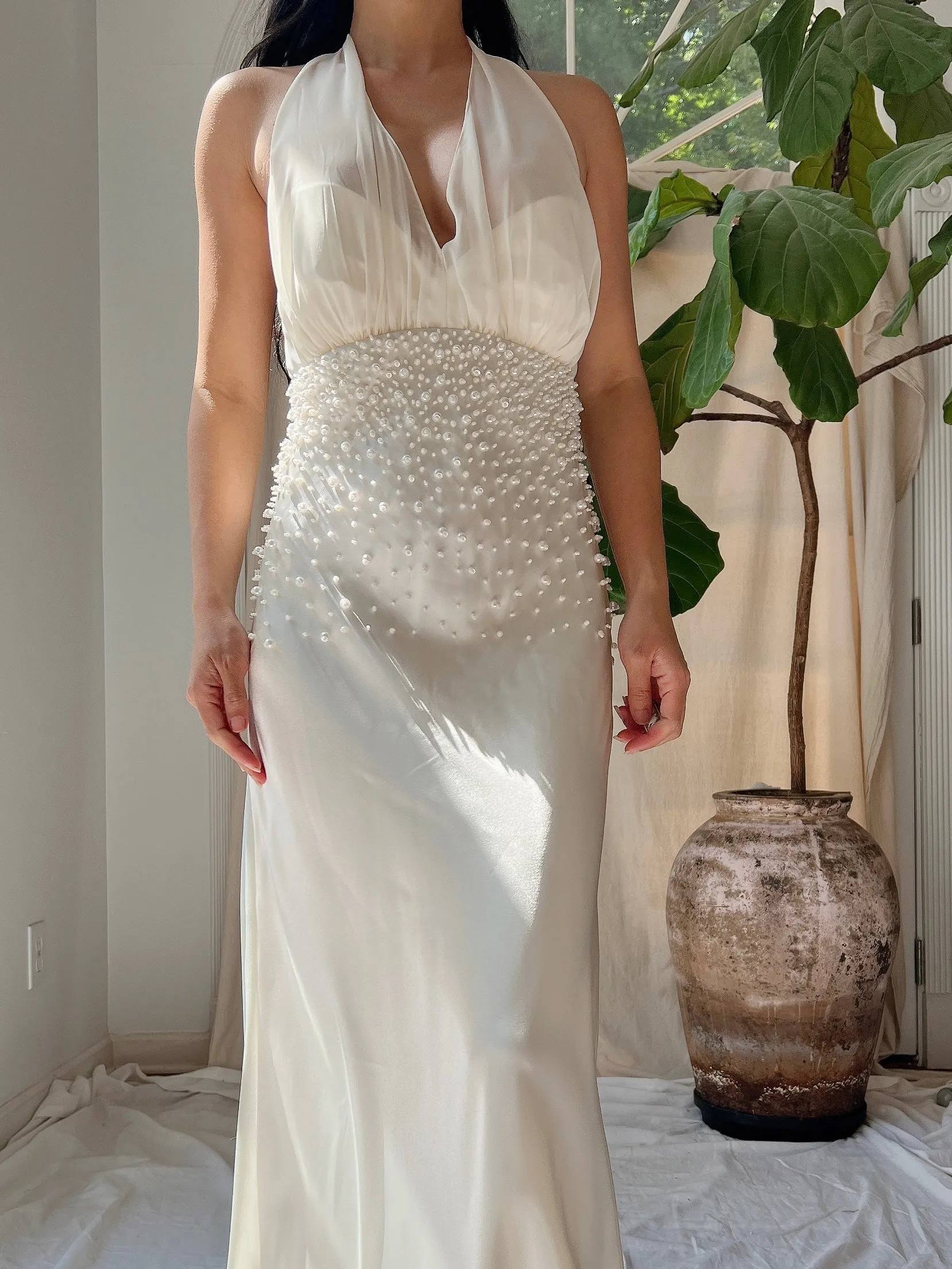 Vintage Pearl Beaded Satin Dress - M/8