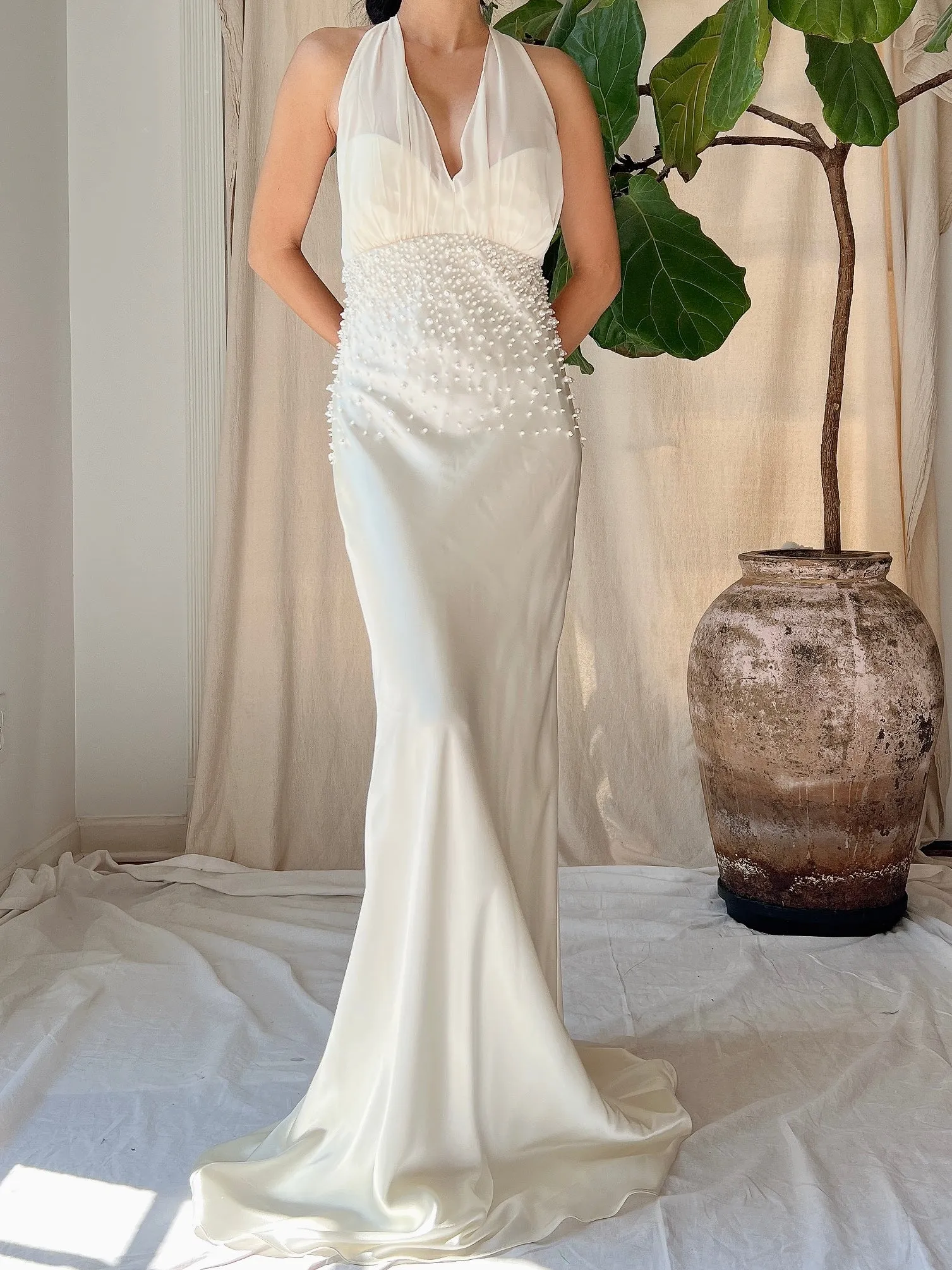 Vintage Pearl Beaded Satin Dress - M/8