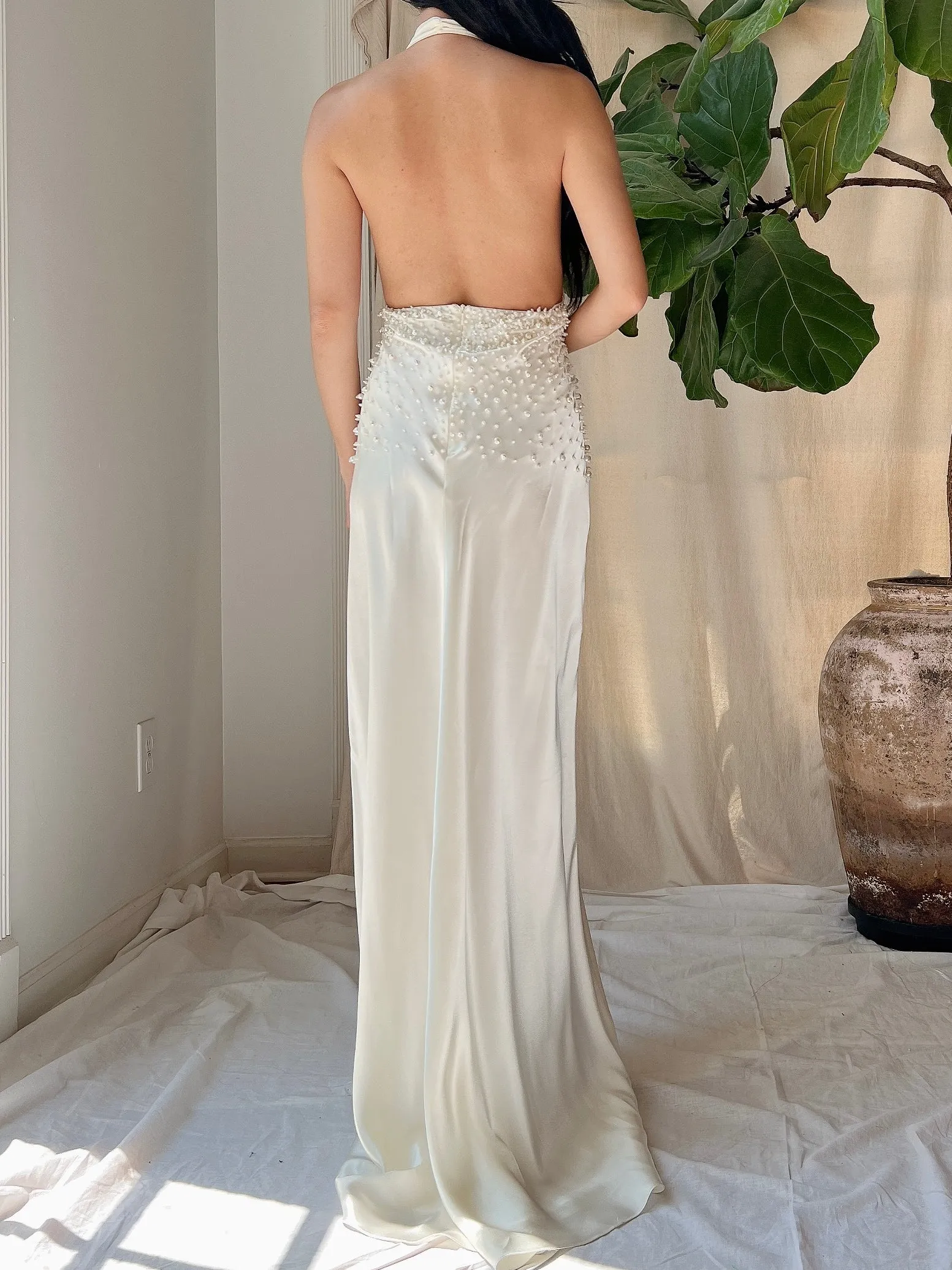 Vintage Pearl Beaded Satin Dress - M/8