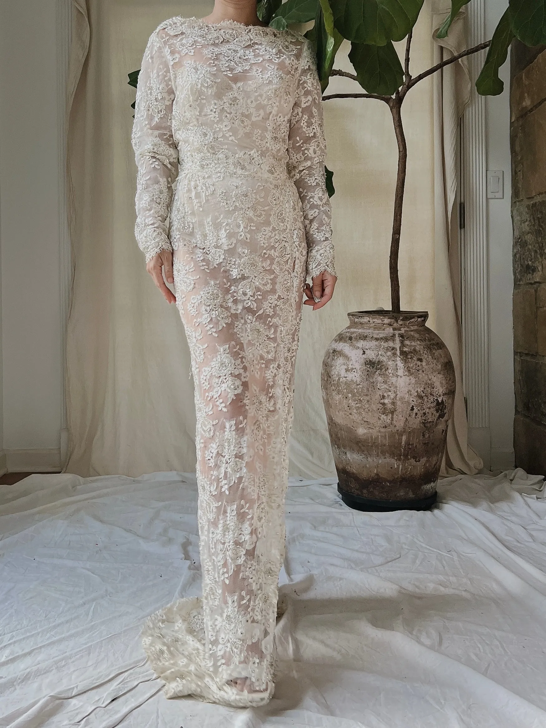 Vintage Silk Lace Beaded Gown - S