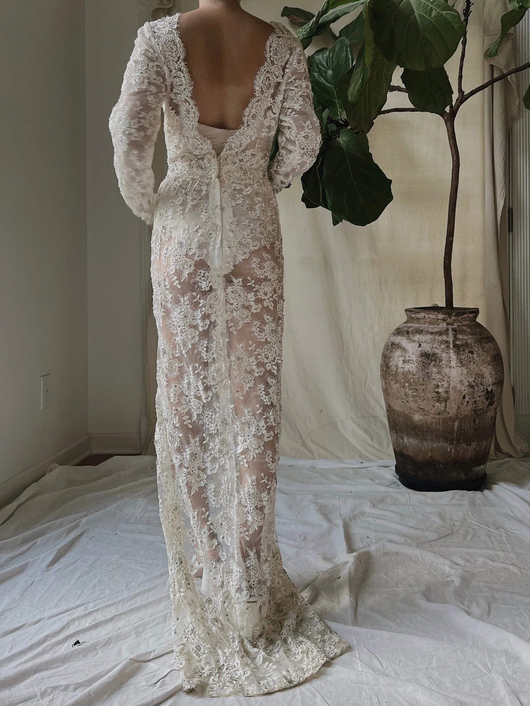 Vintage Silk Lace Beaded Gown - S