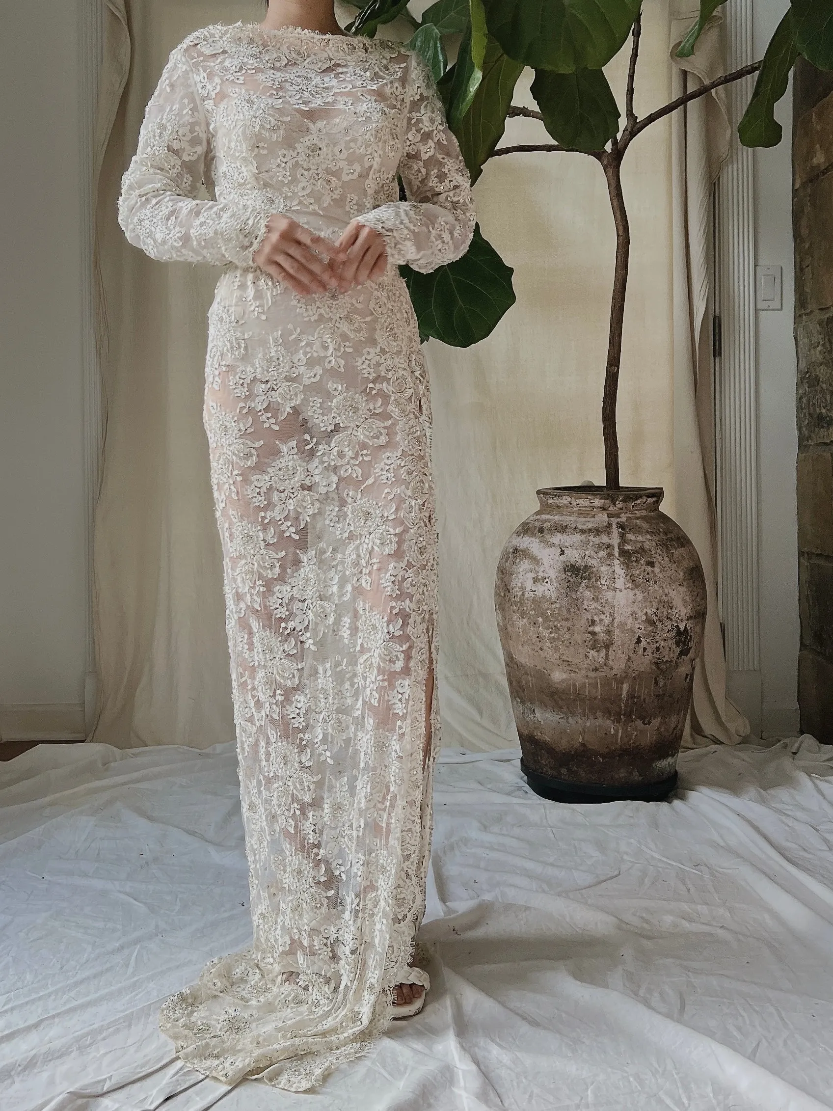Vintage Silk Lace Beaded Gown - S