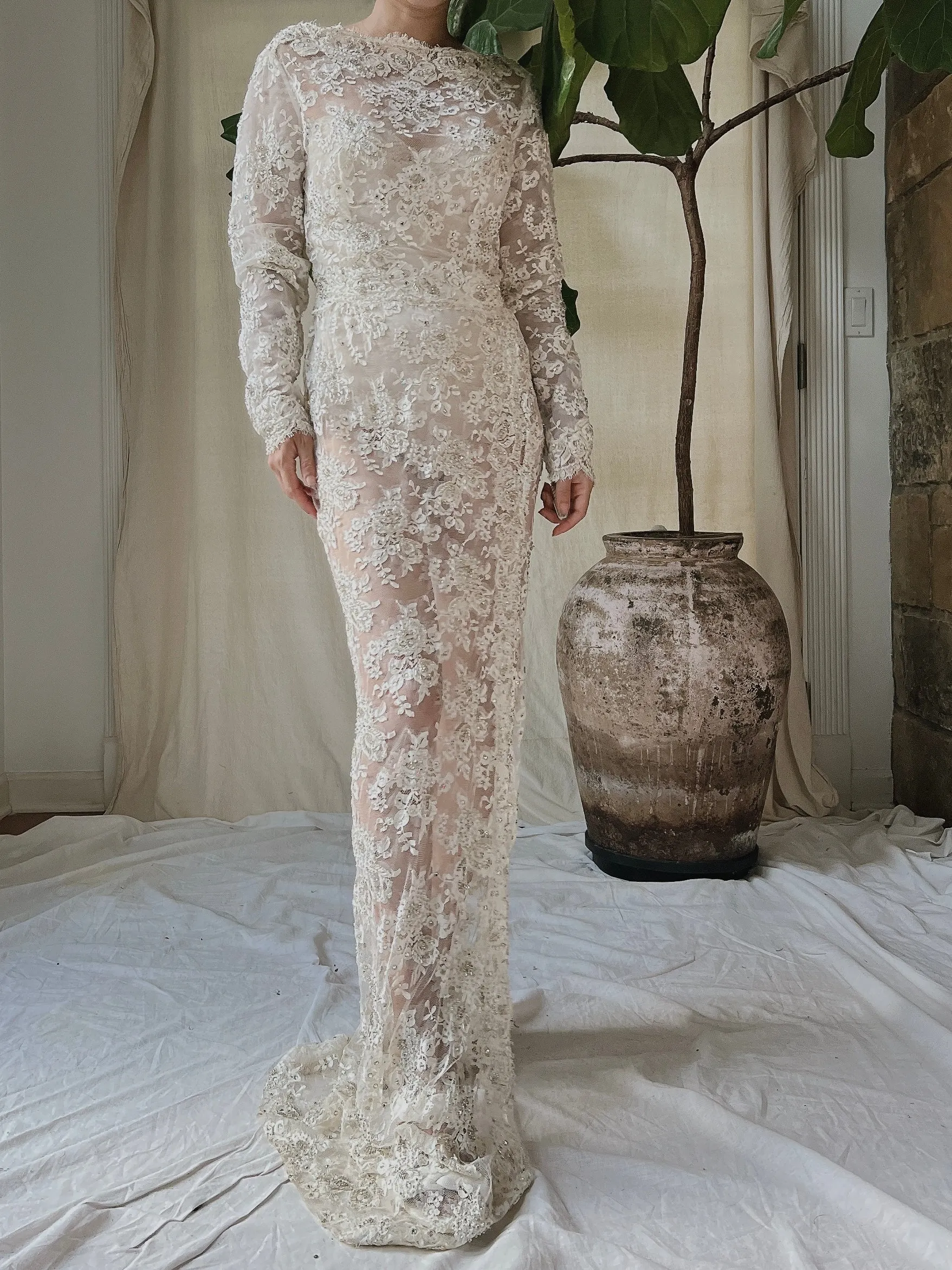 Vintage Silk Lace Beaded Gown - S