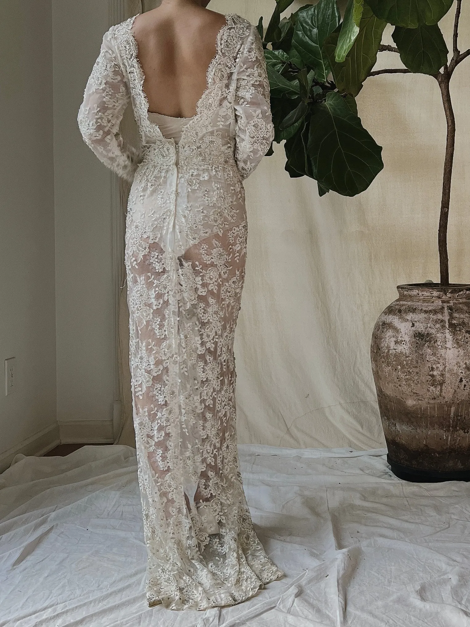 Vintage Silk Lace Beaded Gown - S