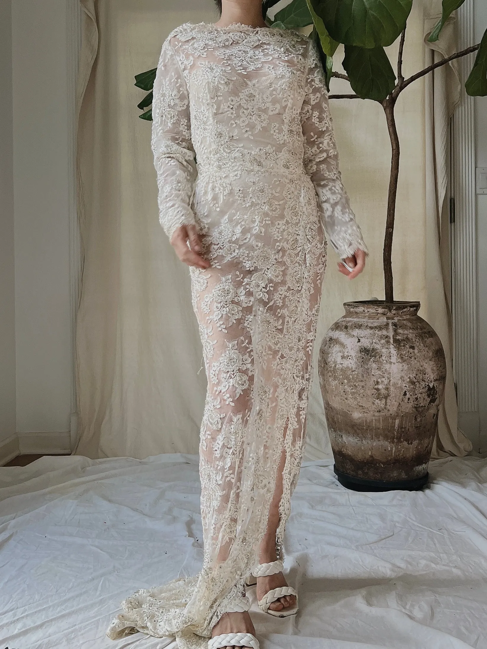Vintage Silk Lace Beaded Gown - S