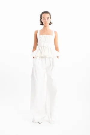 WHITE DENIM PLEATED BOYFRIEND TROUSERS