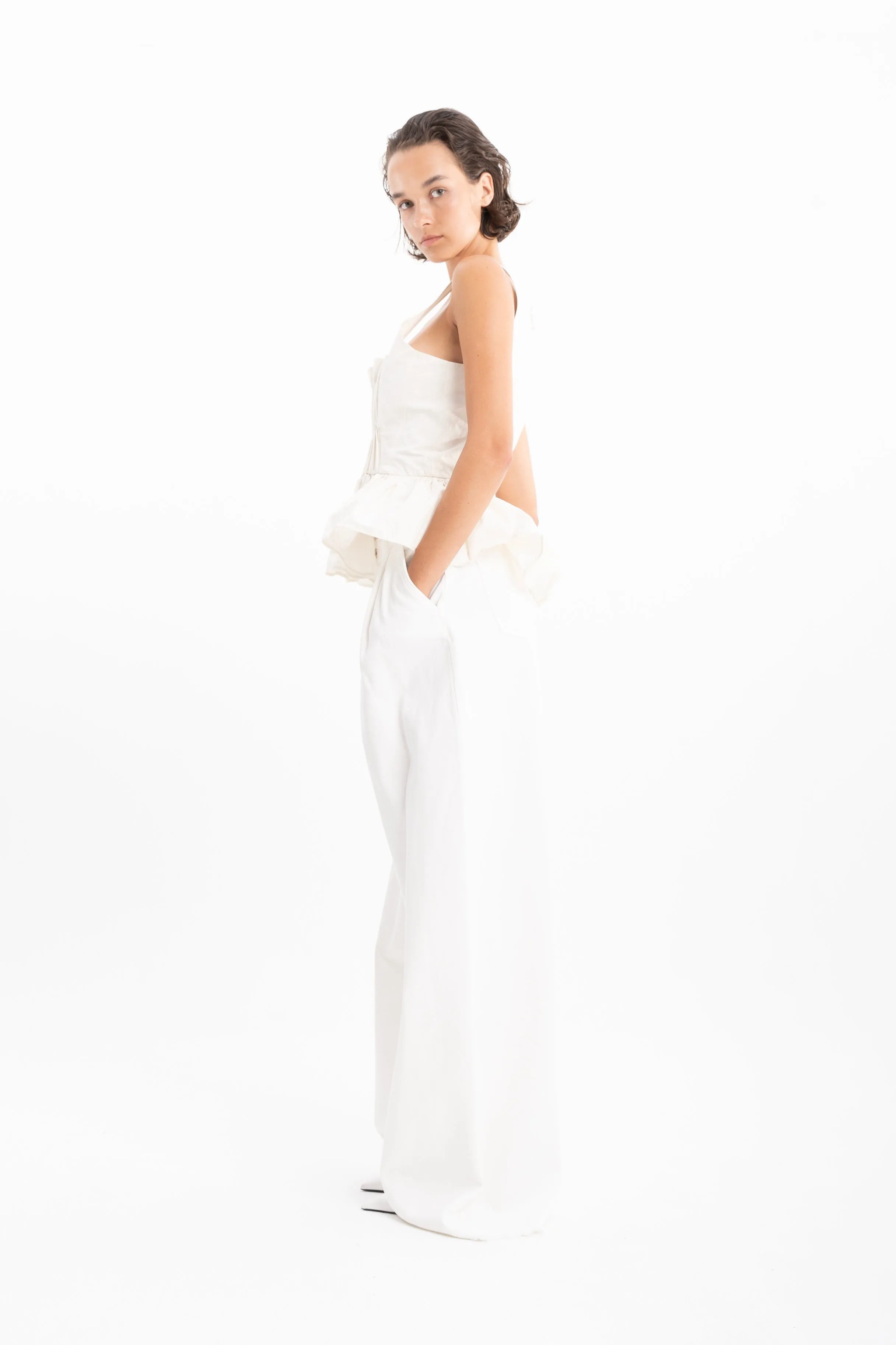 WHITE DENIM PLEATED BOYFRIEND TROUSERS
