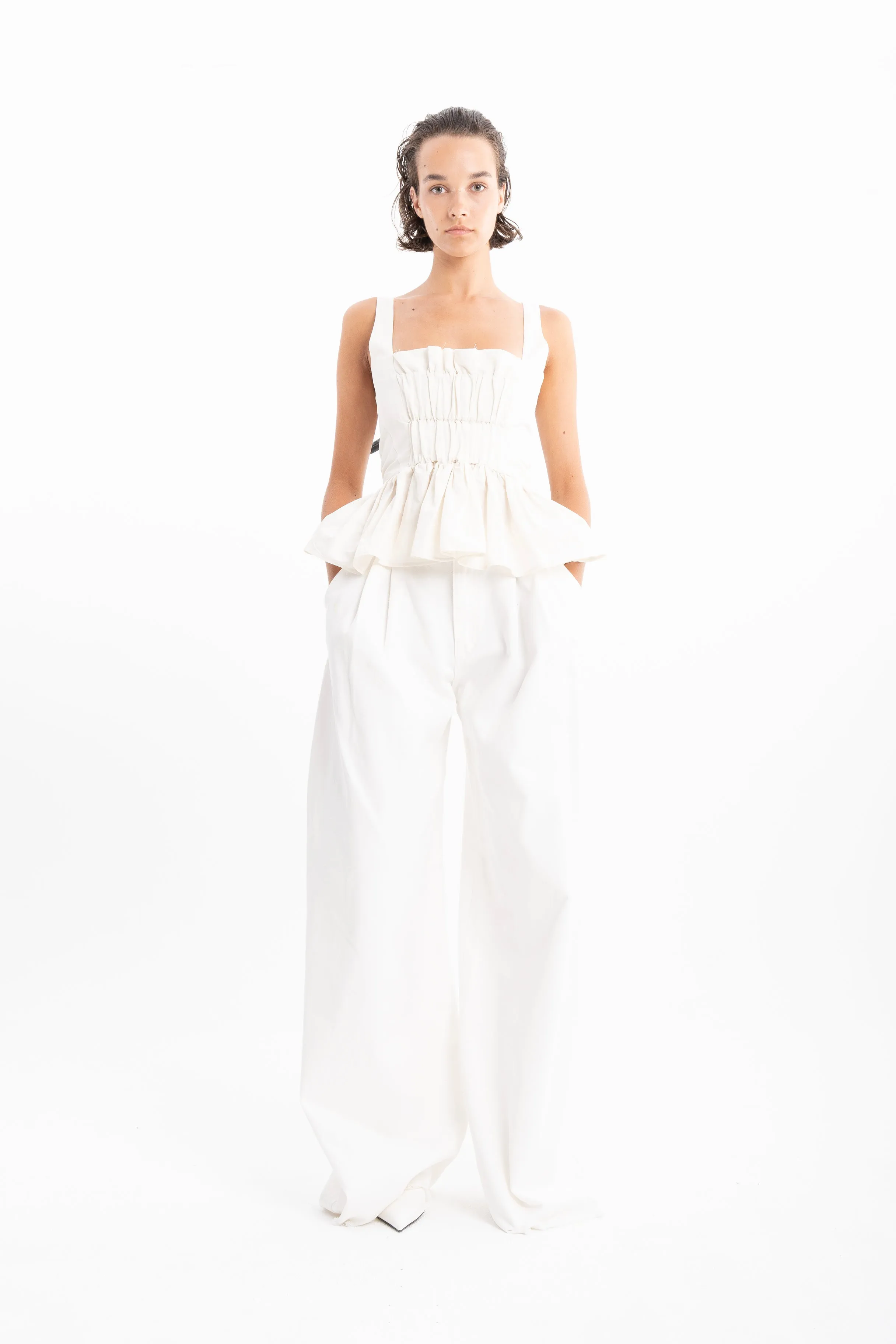 WHITE DENIM PLEATED BOYFRIEND TROUSERS