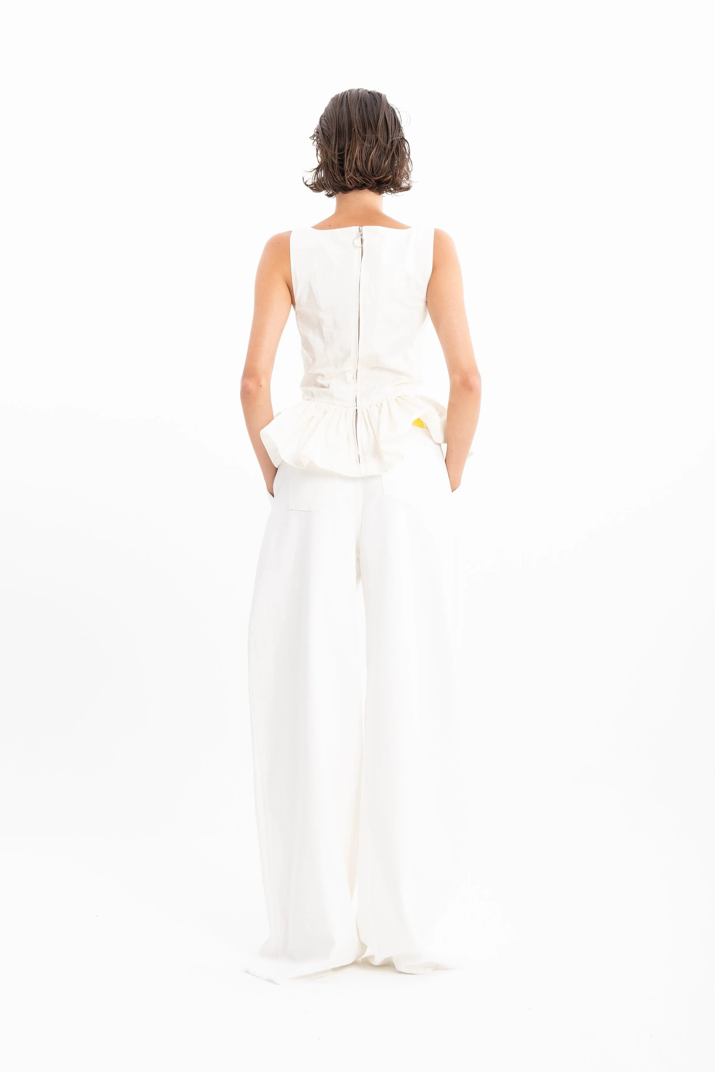 WHITE DENIM PLEATED BOYFRIEND TROUSERS